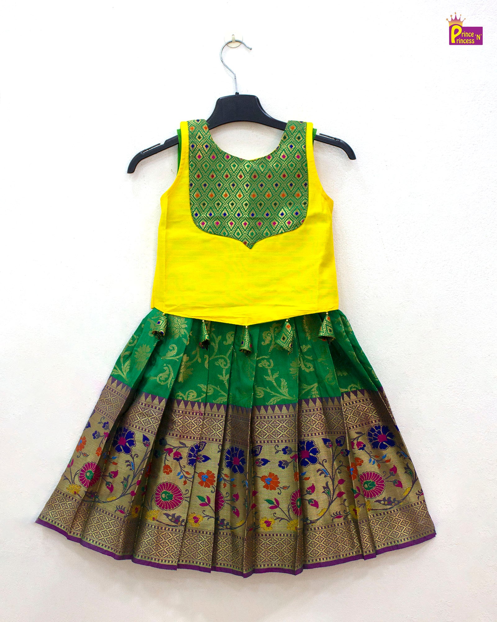 Kids Yellow and Green Trendy Pattu pavadai PPP1898
