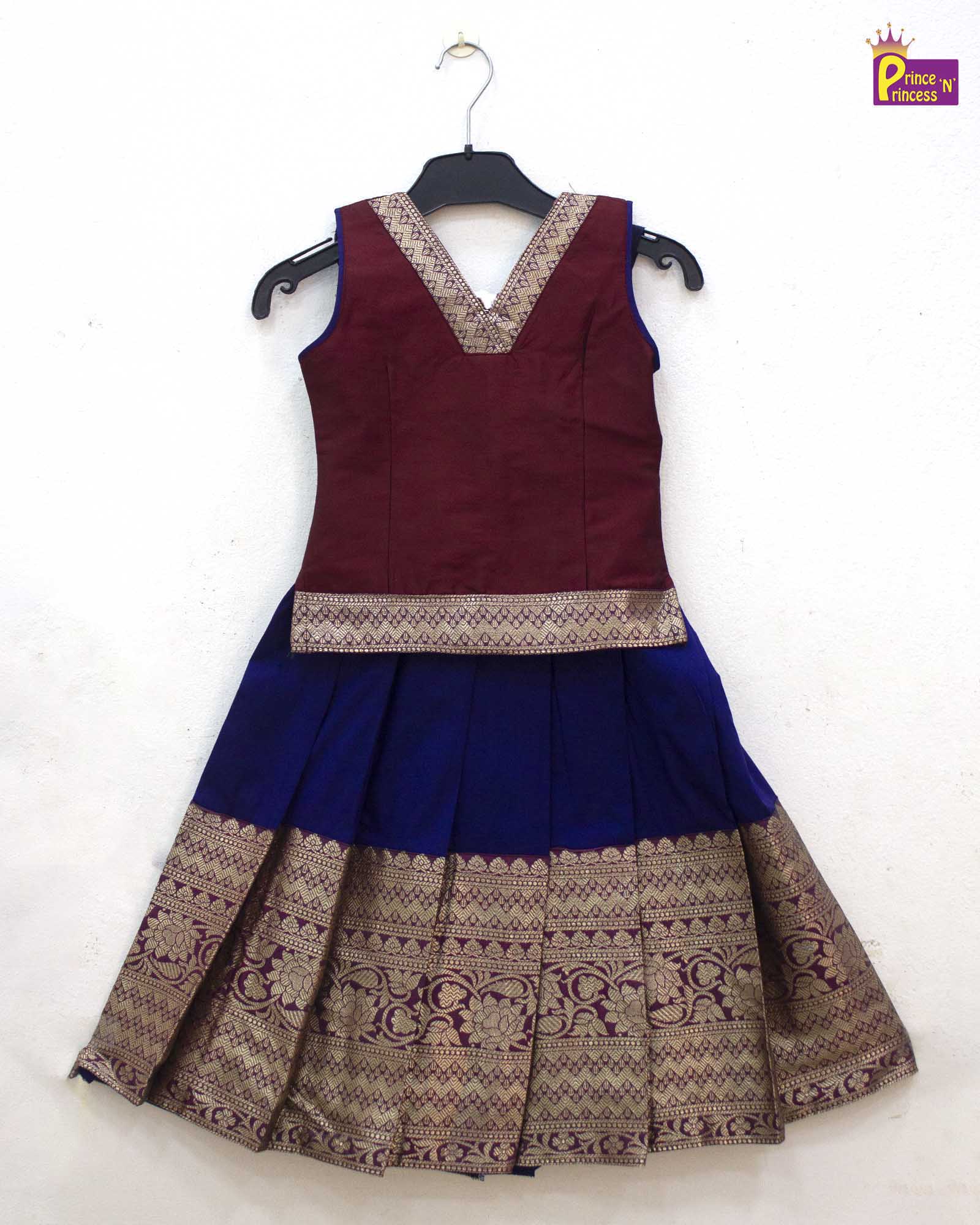 Kids Maroon Navy Blue Traditional Pattupavadai PPP1845