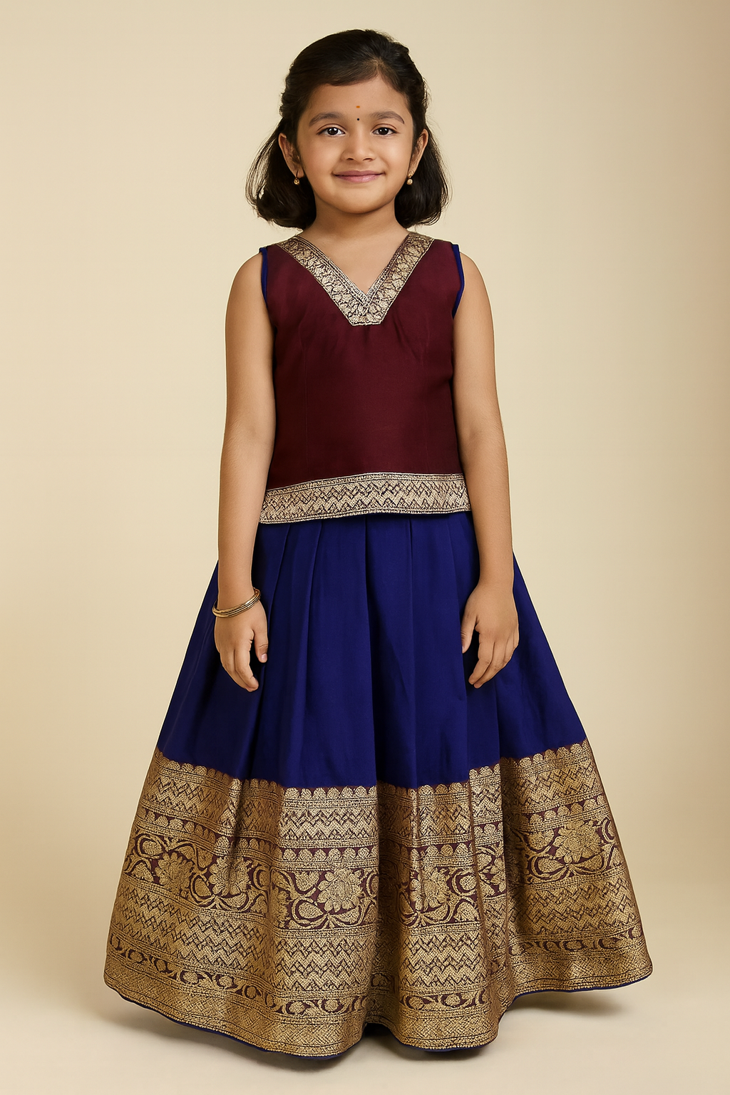 Kids Maroon Navy Blue Traditional Pattupavadai PPP1845