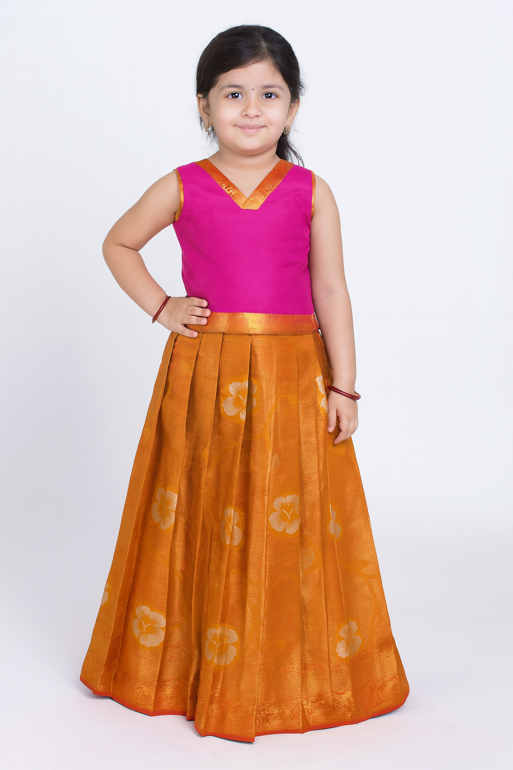 Kids Pink and Brown Traditional Pattu pavadai PPP1846