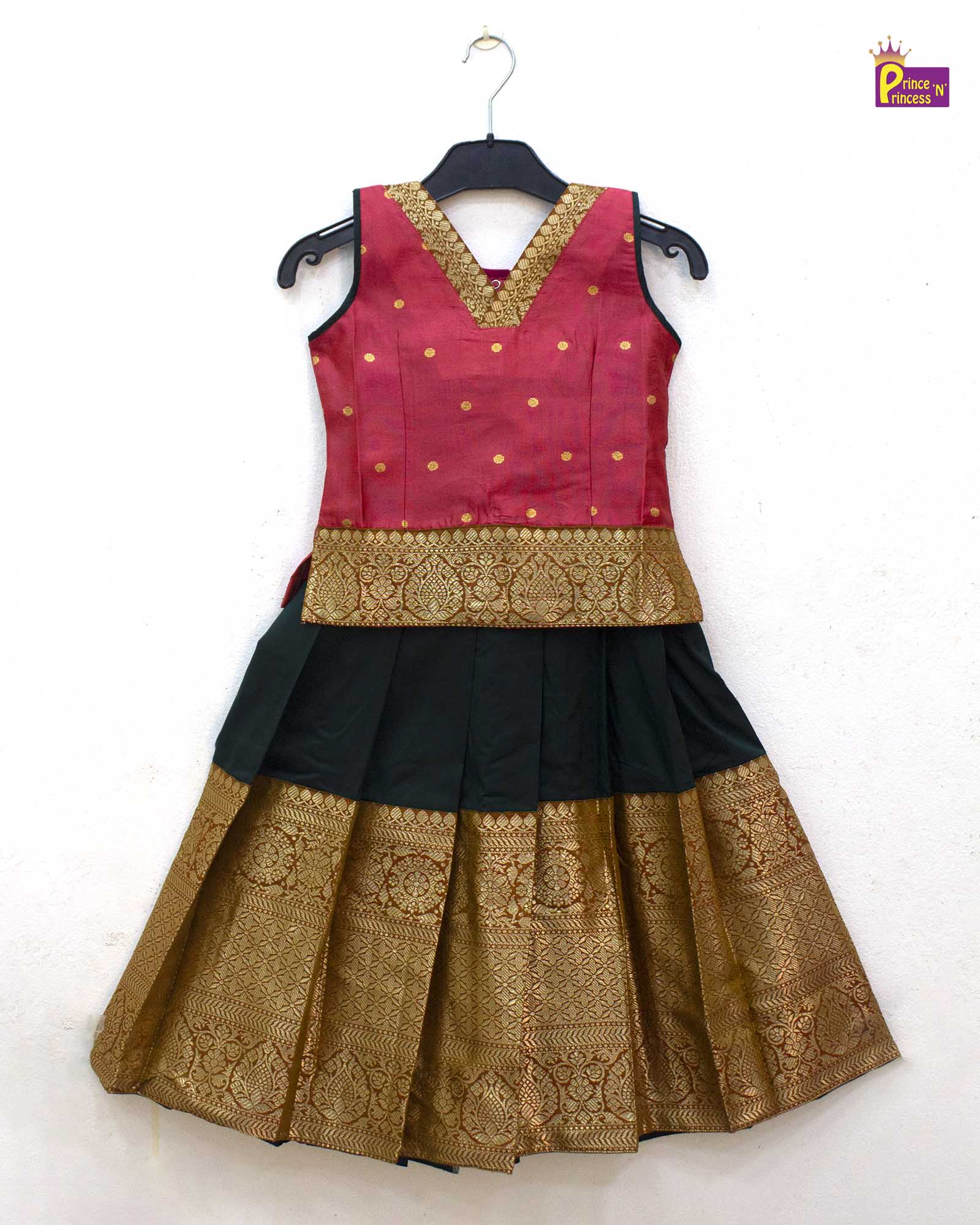 Kids Pink and Bottle Green Traditional Pattu pavadai PPP1849