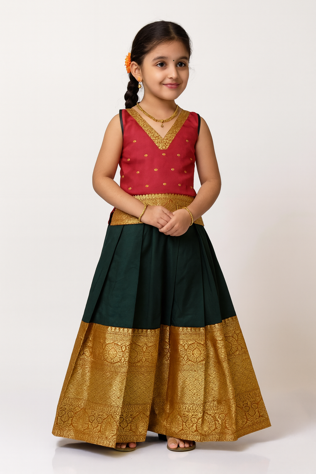 Kids Pink and Bottle Green Traditional Pattu pavadai PPP1849