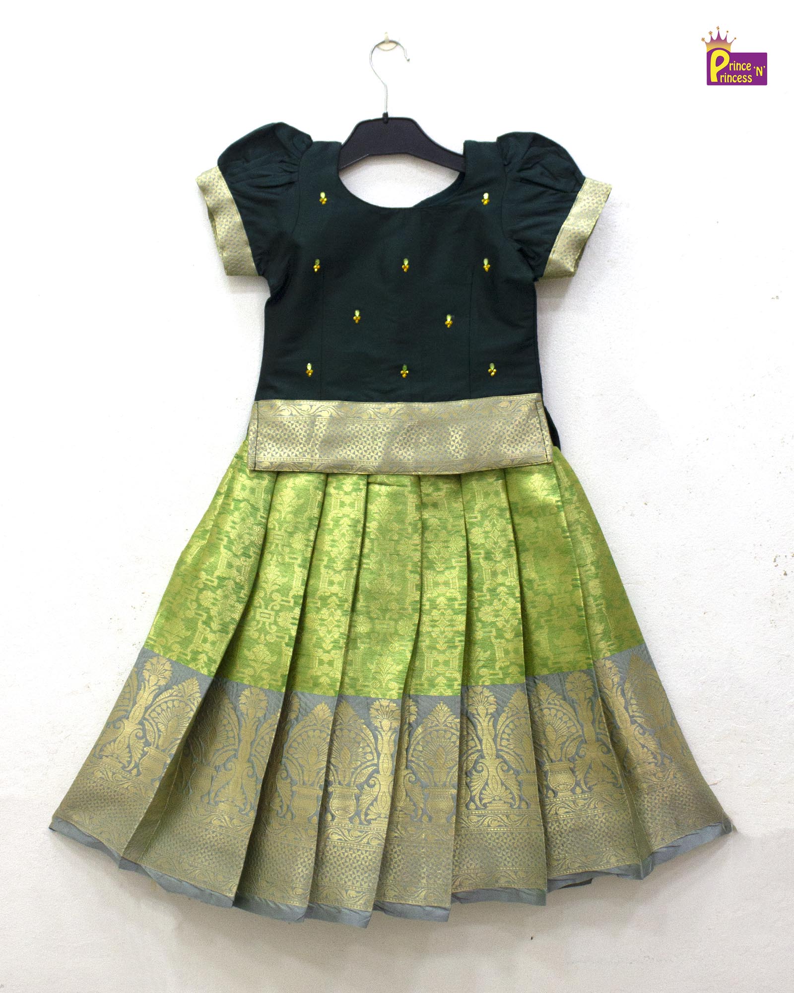 Kids Bottle and Light Green Traditional Aari Work Pattupavadai PPP1859