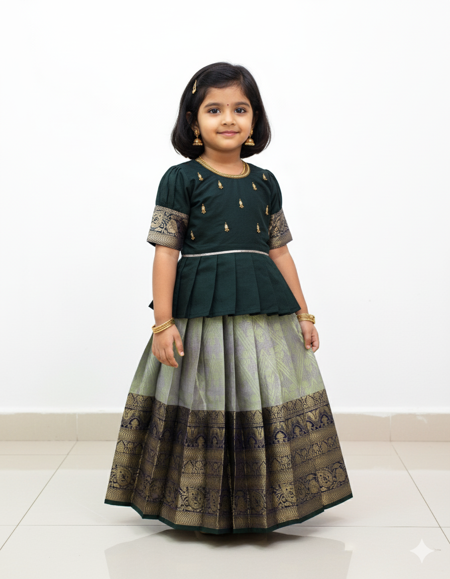 Kids Dark Green Traditional Aari Work Pattupavadai PPP1860