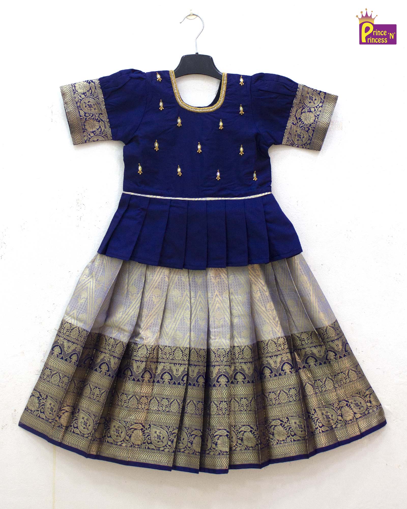 Kids Dark Blue Traditional Aari Work Pattupavadai PPP1861