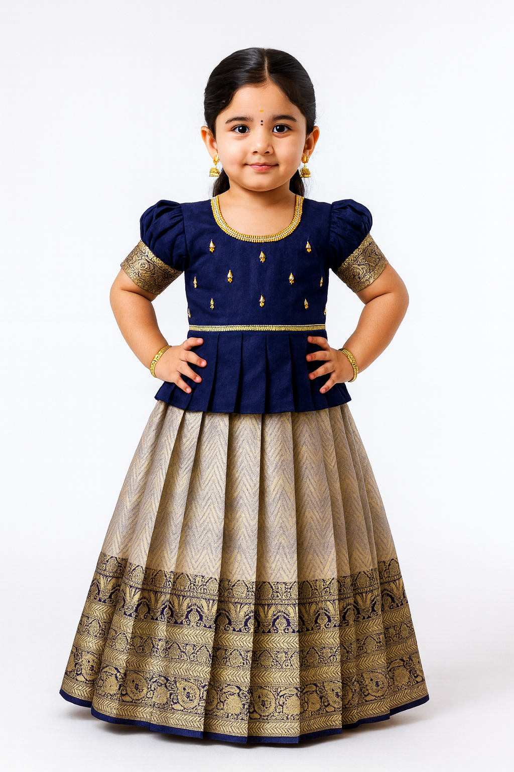 Kids Dark Blue Traditional Aari Work Pattupavadai PPP1861