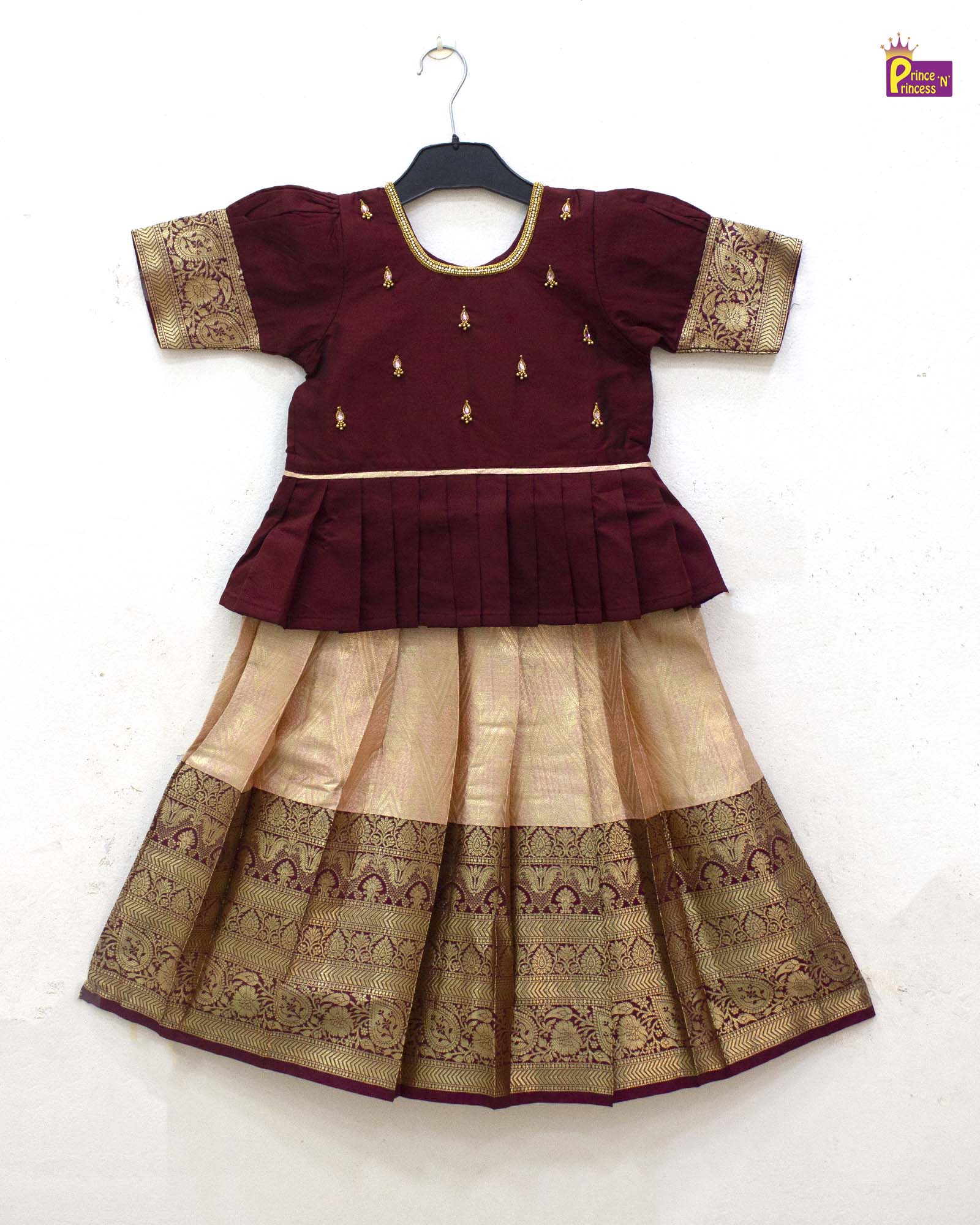 Kids Maroon Traditional Aari Work Pattupavadai PPP1862