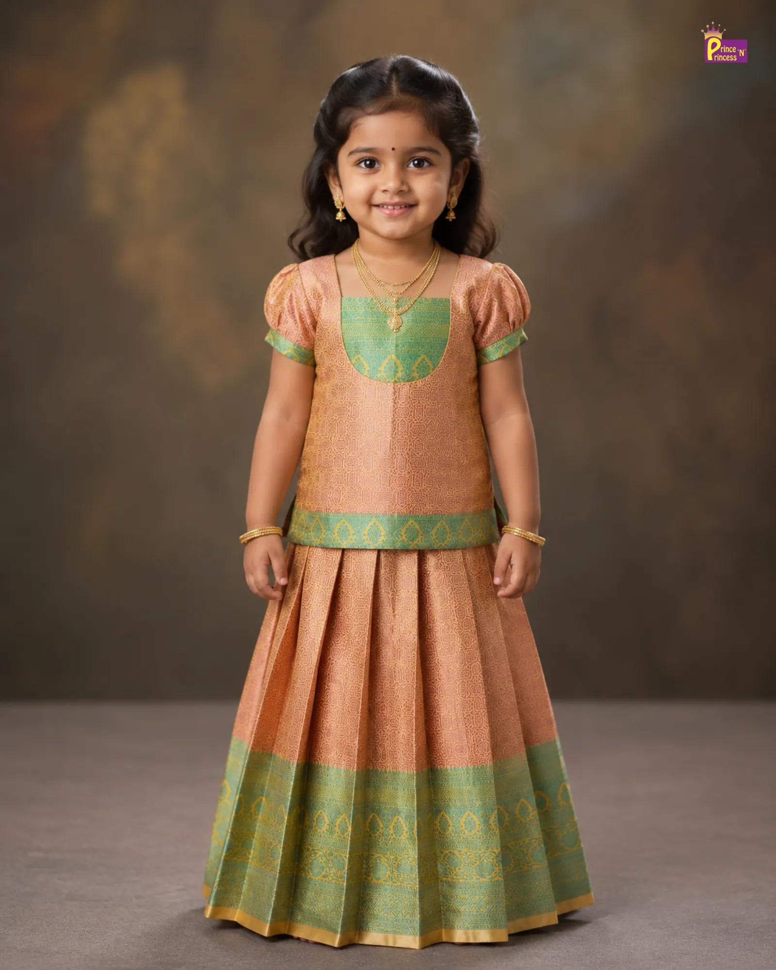 Kids Pink with Copper Blue Traditional Pattupavadai PPP1910