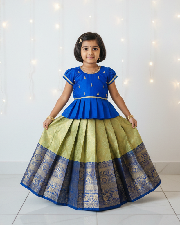 Kids Dark Blue With Pista Green Traditional Aari Work Pattupavadai PPP1922