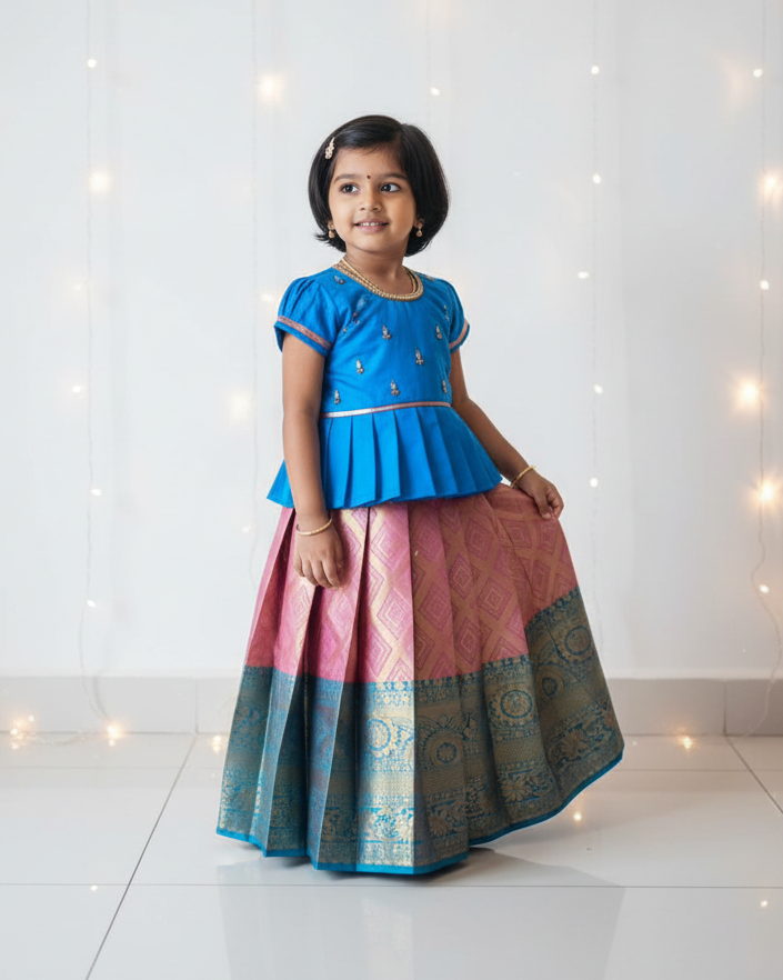 Kids Blue With Baby Pink Traditional Aari Work Pattupavadai PPP1923