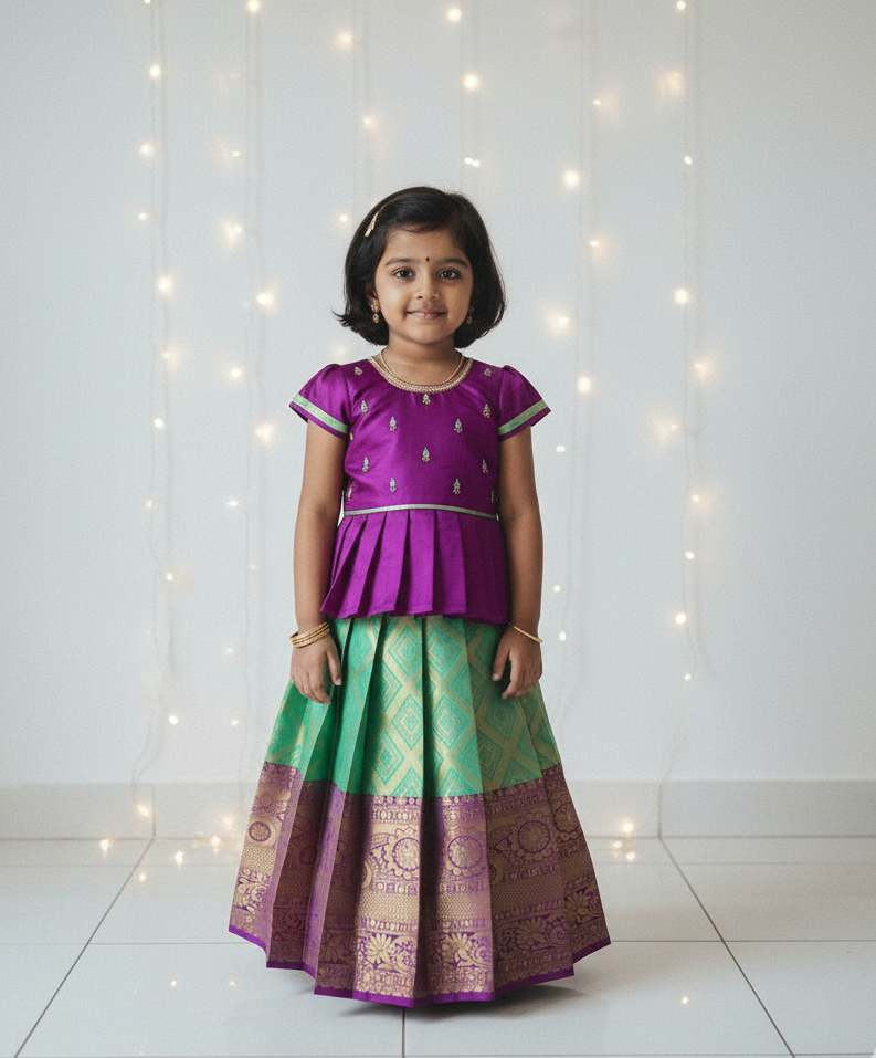 Kids Dark Purple With Rama Green Traditional Aari Work Pattupavadai PPP1924
