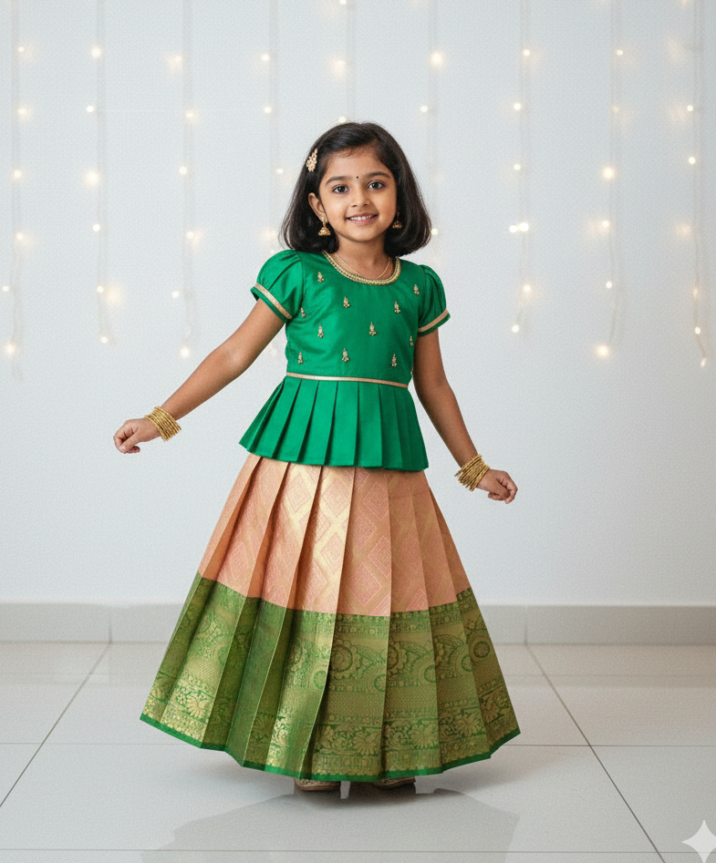 Kids Dark Green With Peach Traditional Aari Work Pattupavadai PPP1925