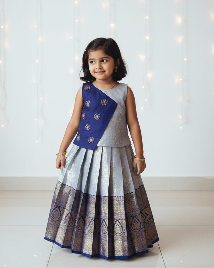 Kids Dark Navy Blue With Silvery Blue Traditional Aari Work Pattupavadai PPP1926
