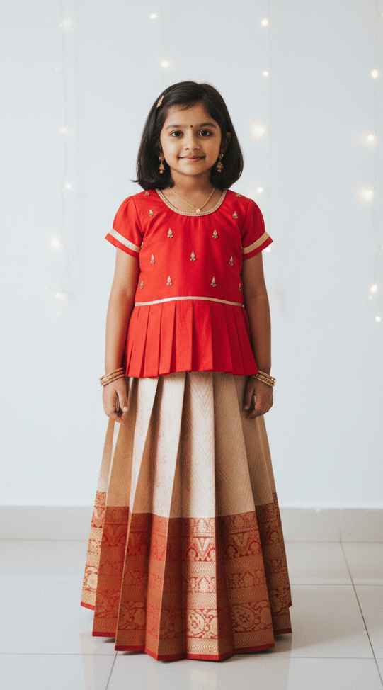 Kids Red Traditional Aari Work Pattupavadai PPP1928