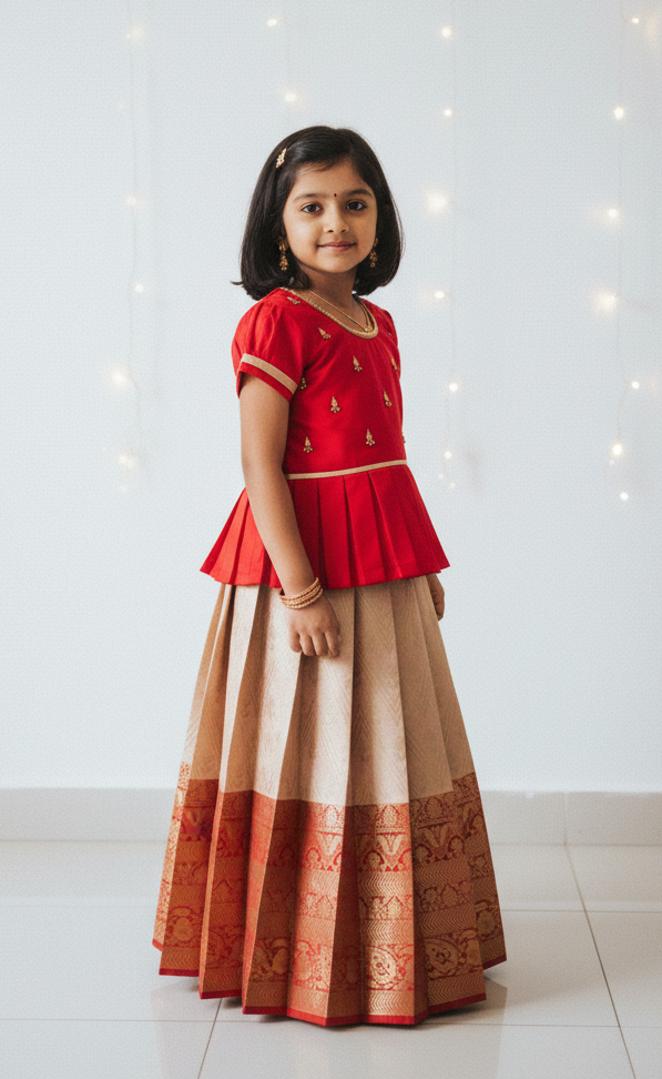 Kids Red Traditional Aari Work Pattupavadai PPP1928