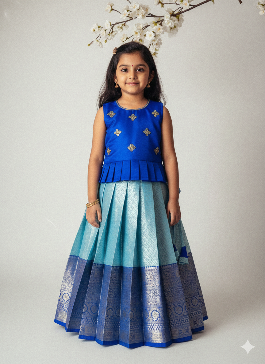 Kids Pepsi Blue Traditional Aari Work Pattupavadai PPP1934