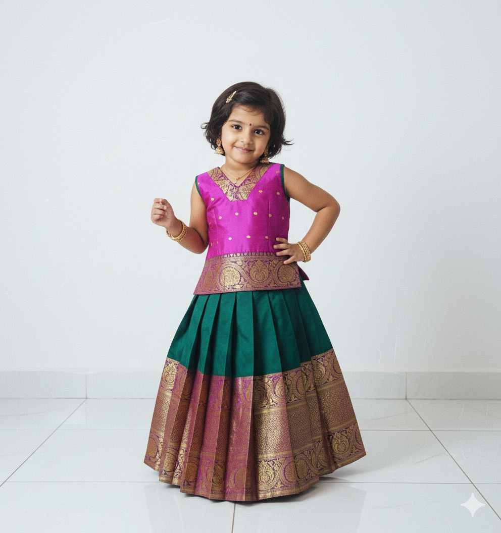 Kids Purple Dark Green Traditional Pattupavadai PPP1930