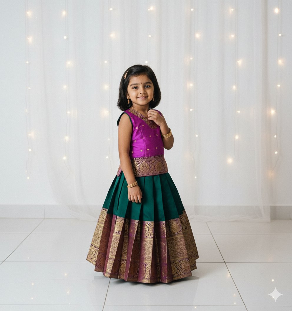 Kids Purple Dark Green Traditional Pattupavadai PPP1930