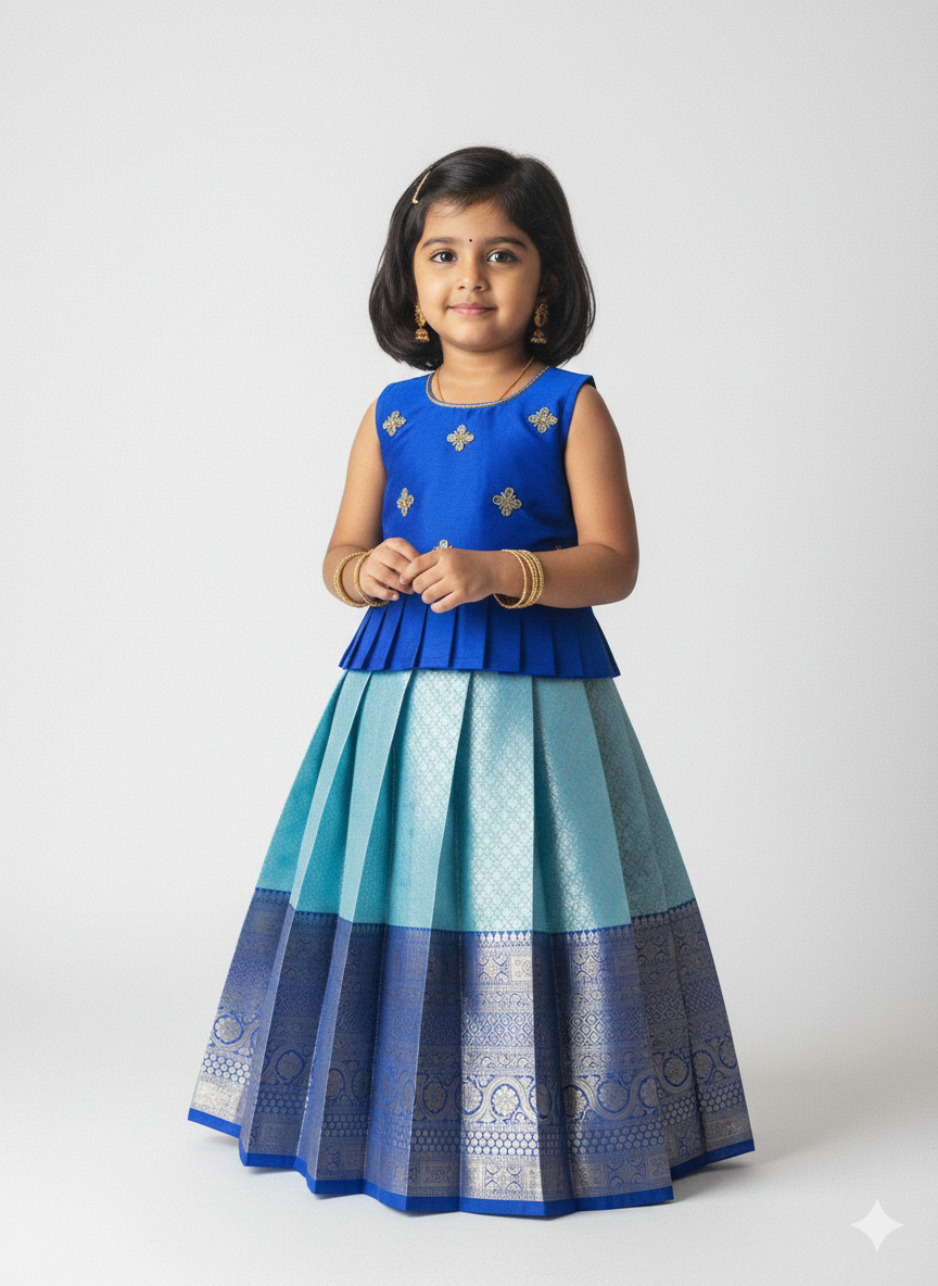 Kids Pepsi Blue Traditional Aari Work Pattupavadai PPP1934