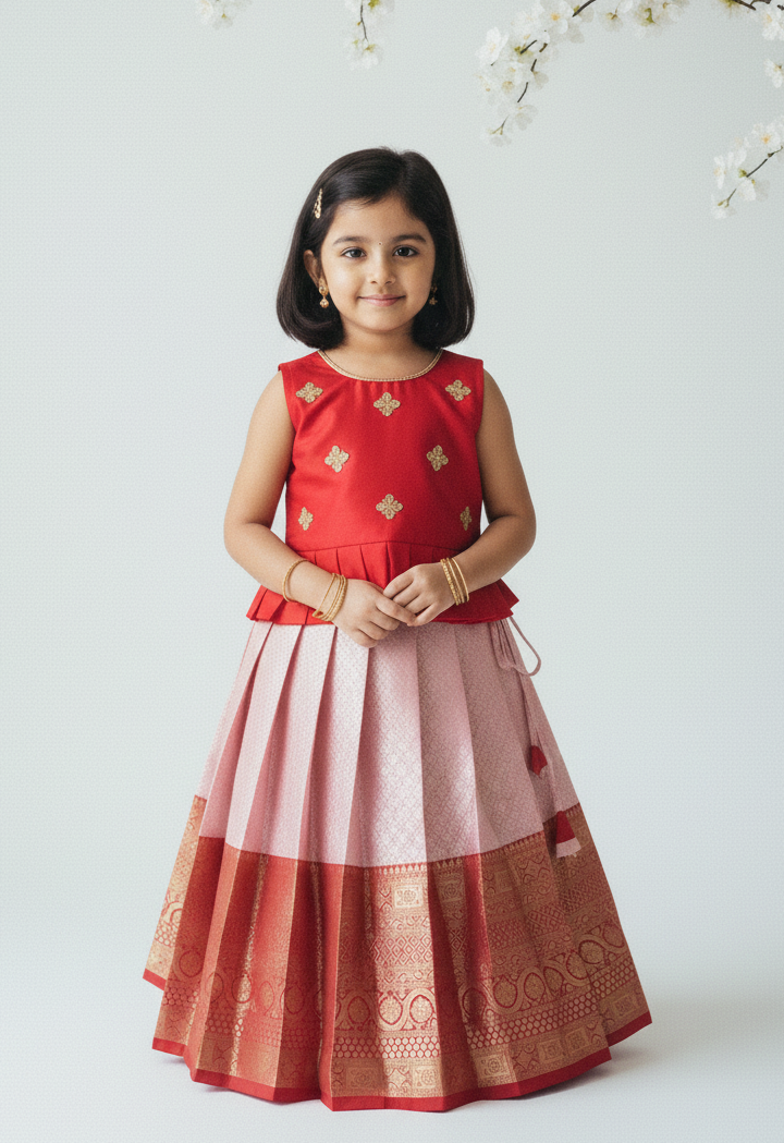 Kids Red Traditional Aari Work Pattupavadai PPP1933