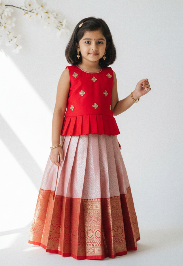 Kids Red Traditional Aari Work Pattupavadai PPP1933