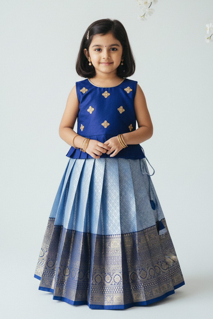 Kids Navy Traditional Aari Work Pattupavadai PPP1935