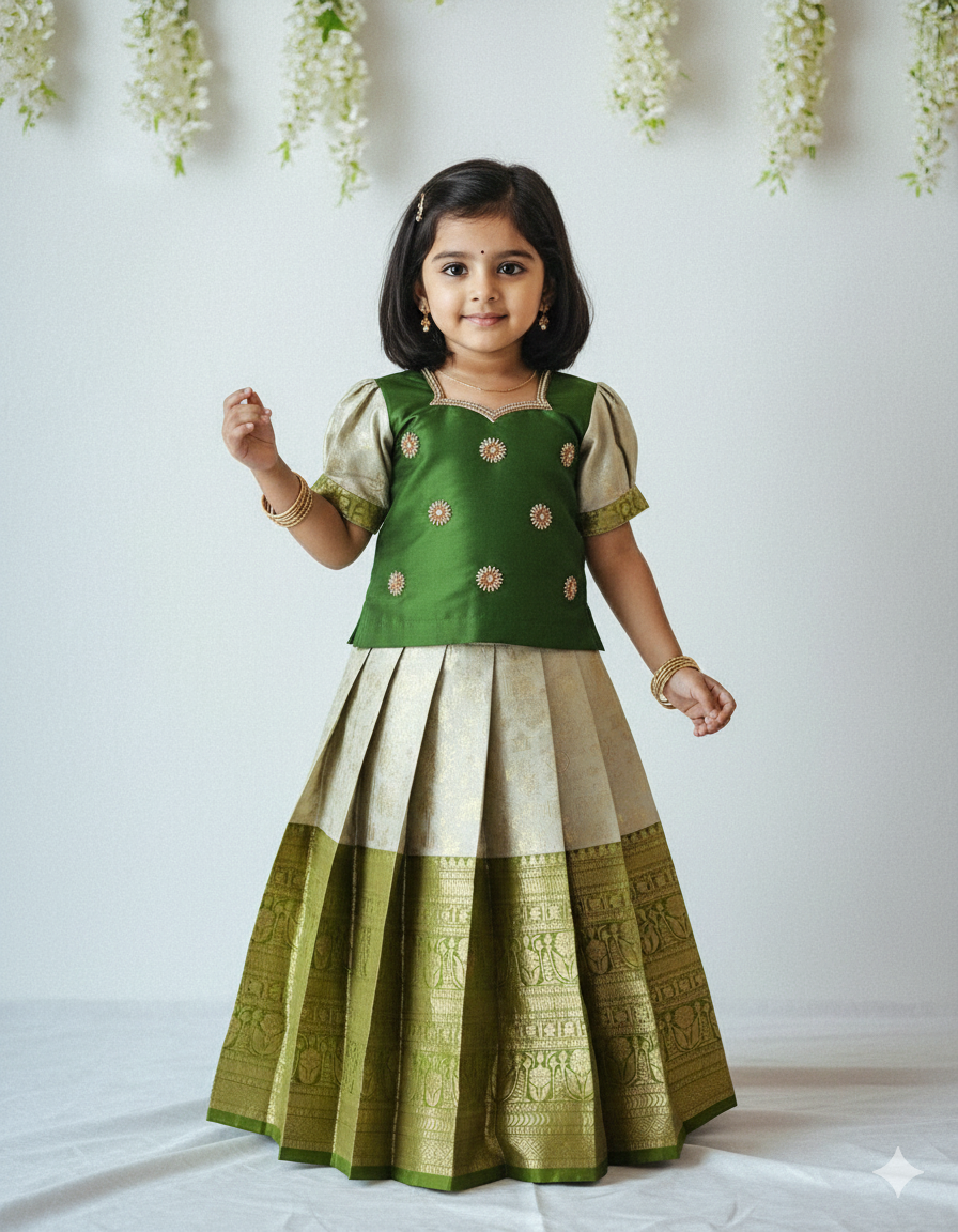 Kids Olive Green Traditional Aari Work Pattupavadai PPP1938