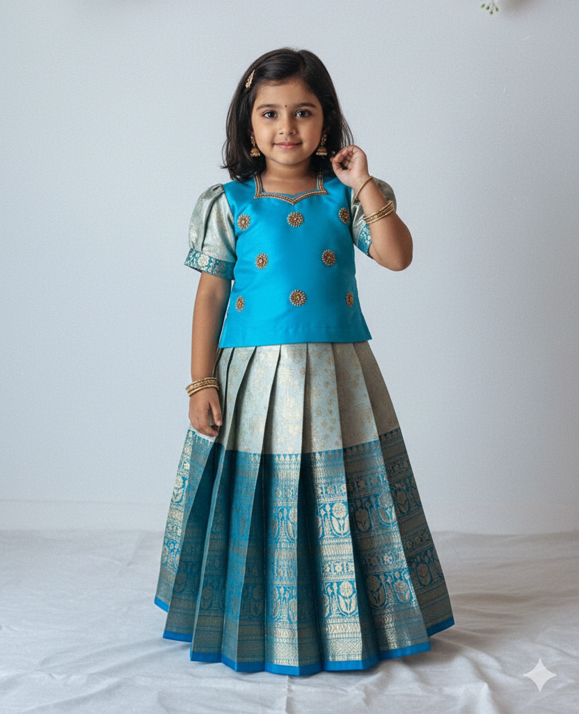 Kids Sky Blue Traditional Aari Work Pattupavadai PPP1939