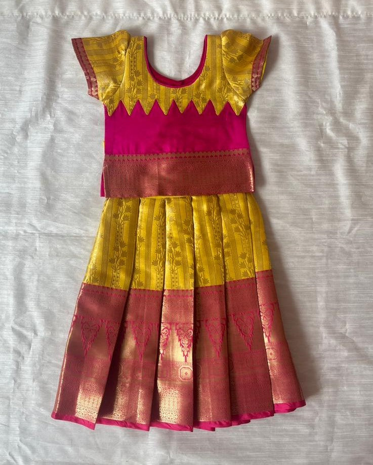 Kids Yellow with Royal Pink Traditional Aari Pattupavadai PPP1957