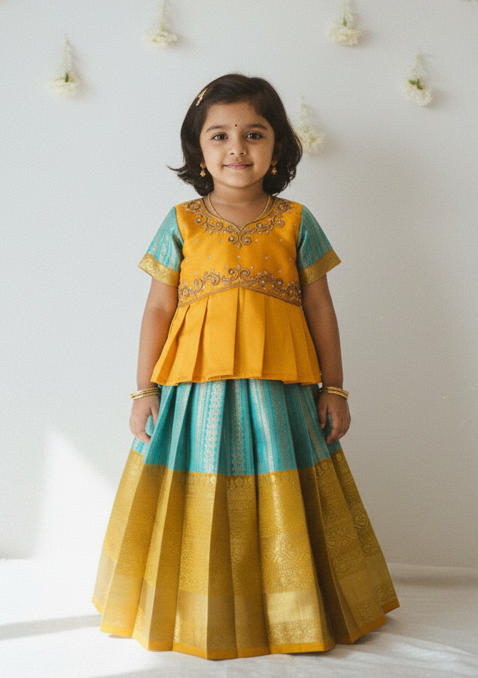 Kids Yellow with Rama Blue Traditional Aari Pattupavadai PPP1947