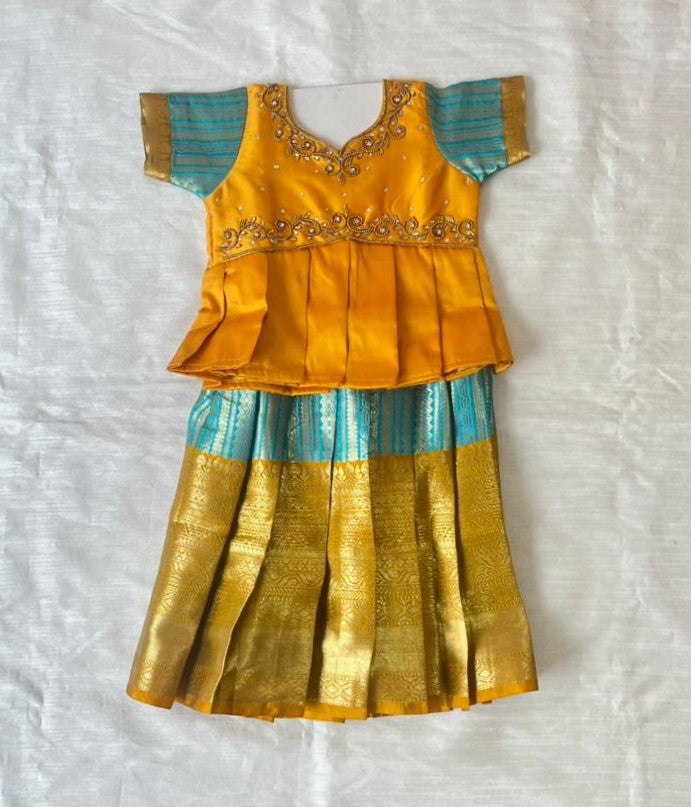 Kids Yellow with Rama Blue Traditional Aari Pattupavadai PPP1947