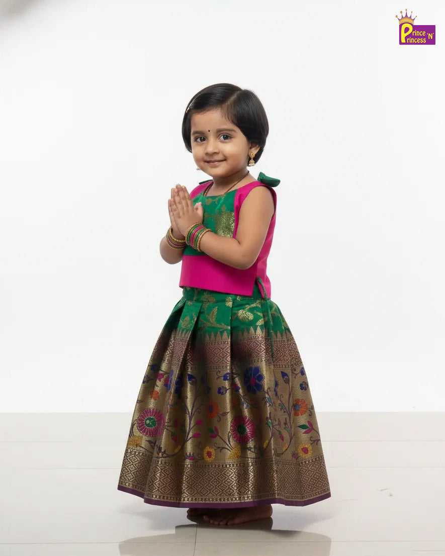 Kids Traditional Pattu pavadai in Pink with Green PPP1992