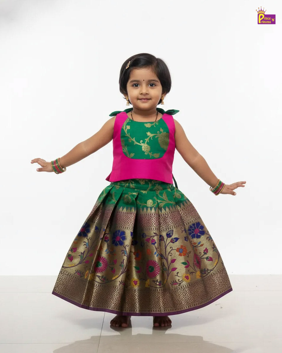 Kids Traditional Pattu pavadai in Pink with Green PPP1992