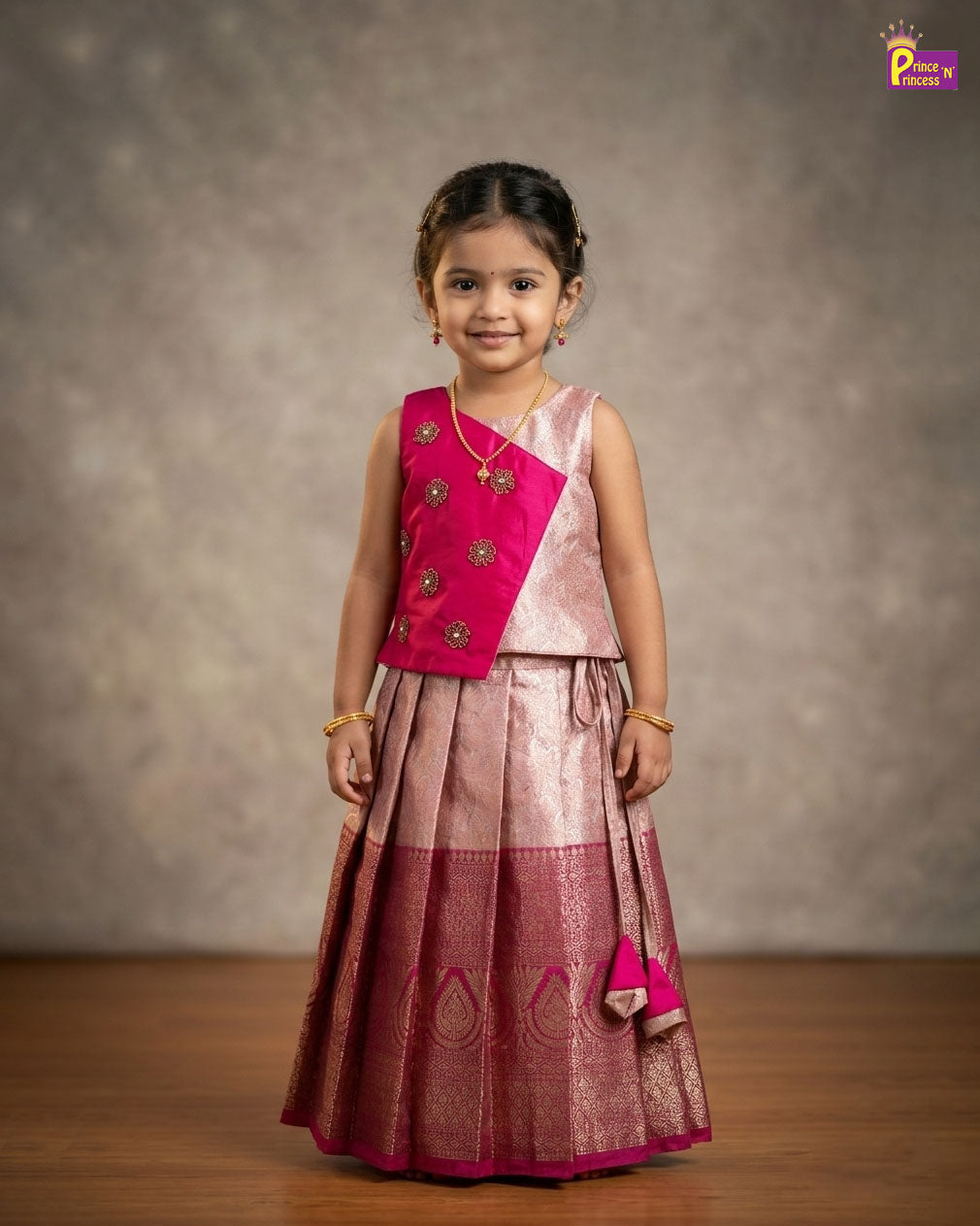 Kids Traditional Aari Work Pattupavadai in PInk PPP2021