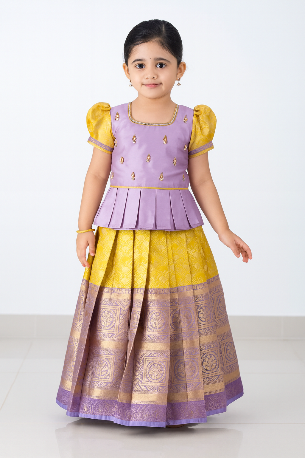 Kids Lavender And Yellow Traditional Aari Work Peplum Pattupavadai PPP1911