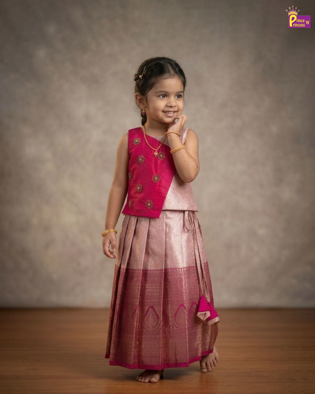 Kids Traditional Aari Work Pattupavadai in PInk PPP2021