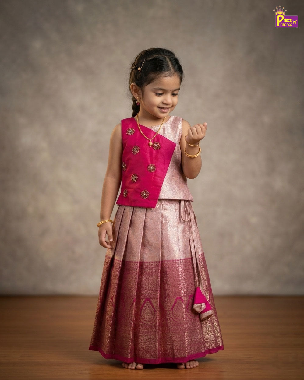 Kids Traditional Aari Work Pattupavadai in PInk PPP2021