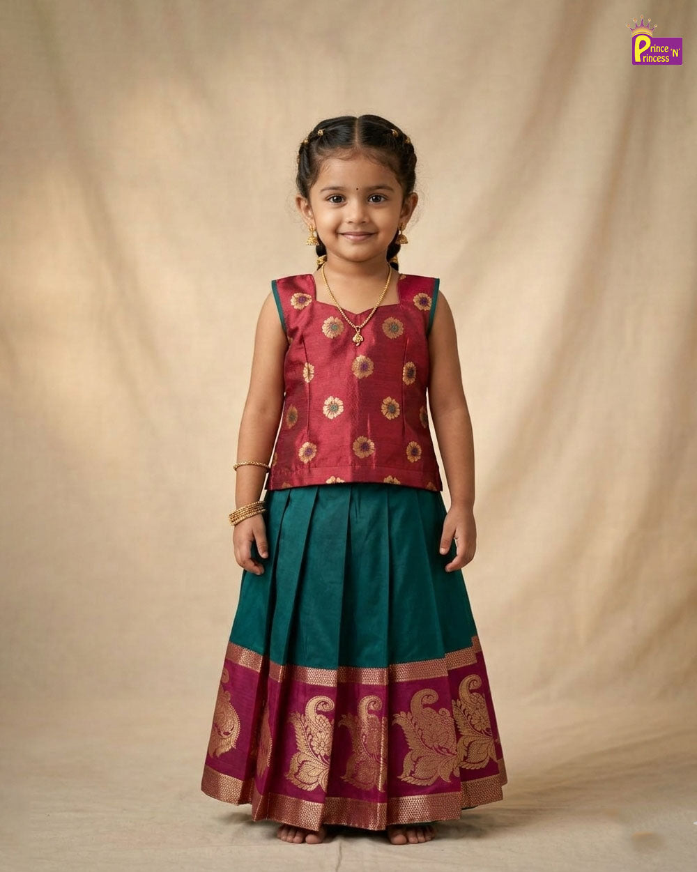 Kids Traditional Aari Work Pattupavadai in Maroon with Green PPP2024