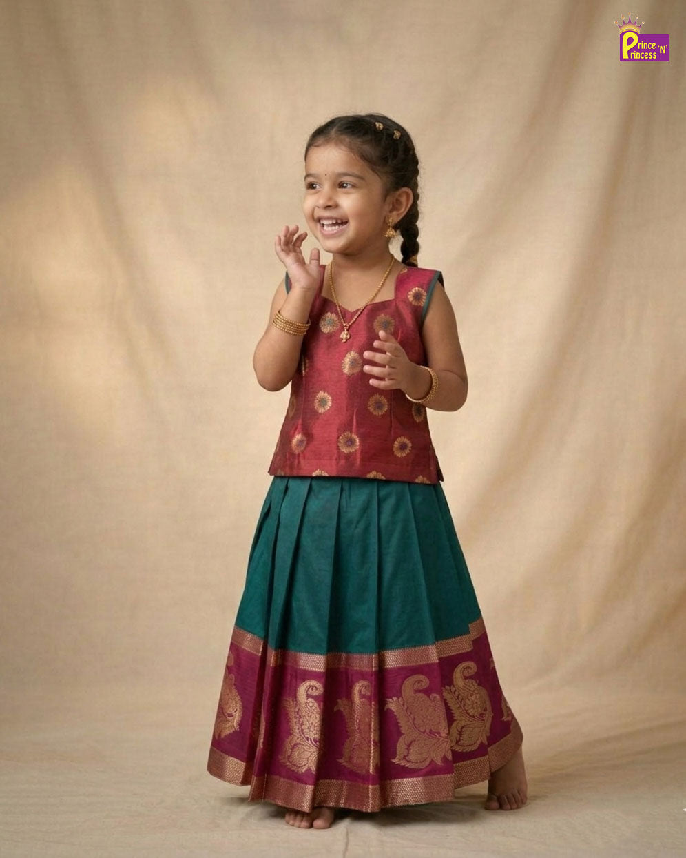 Kids Traditional Aari Work Pattupavadai in Maroon with Green PPP2024