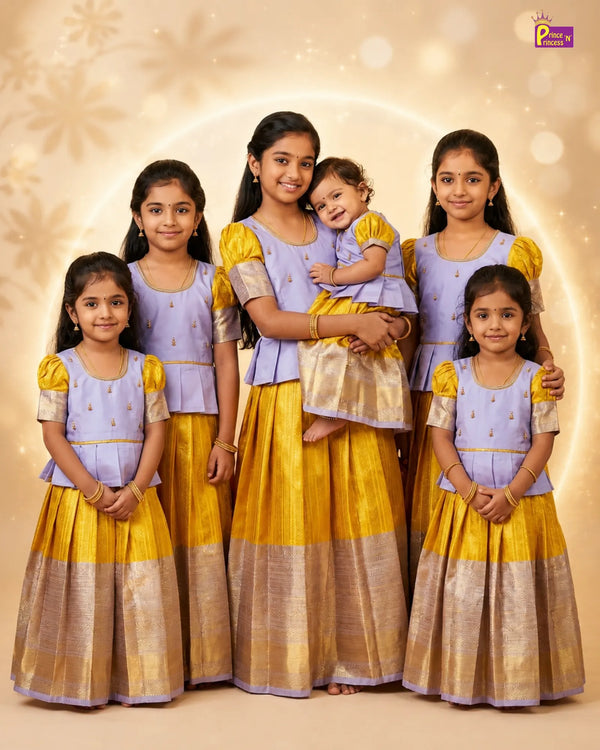 Baby Girl Lavender & Gold Silk Pattu Pavadai -  Aari Work Puff Sleeve PattuPavadai Set PPP2047