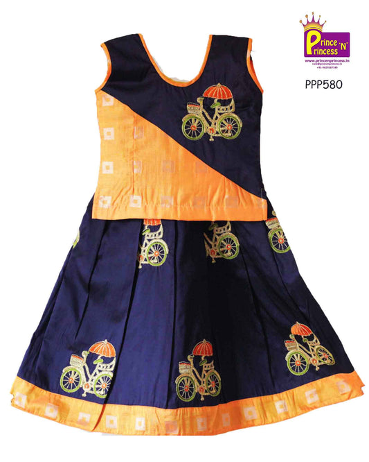 Kids embroidery Orange & Blue Pattu Pavadai PPP574