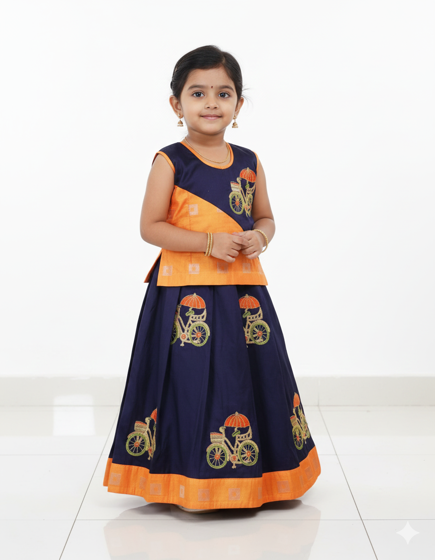 Kids embroidery Orange & Blue Pattu Pavadai PPP574