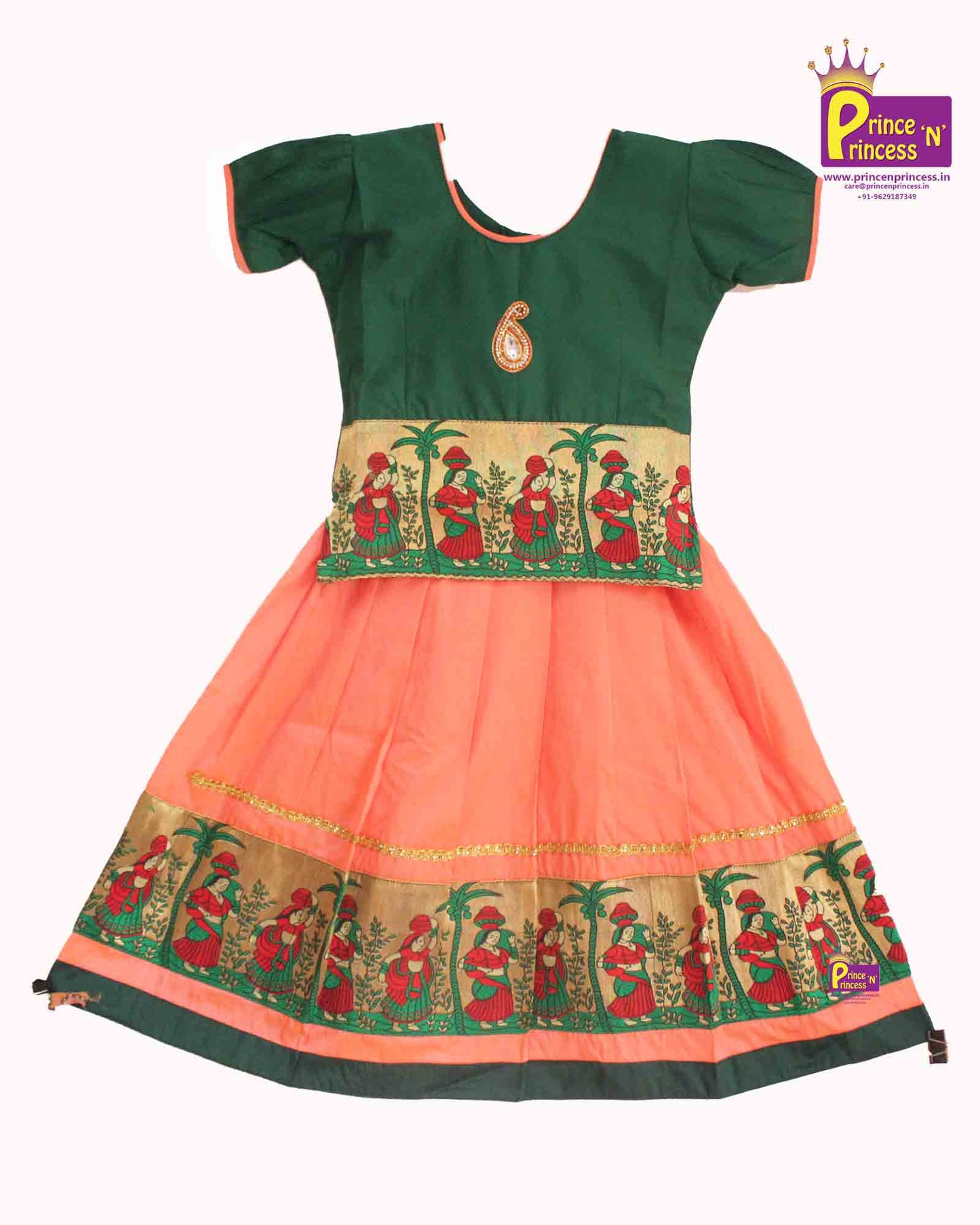 Kids Pink And Green Traditional Pattu Pavadai PPP691