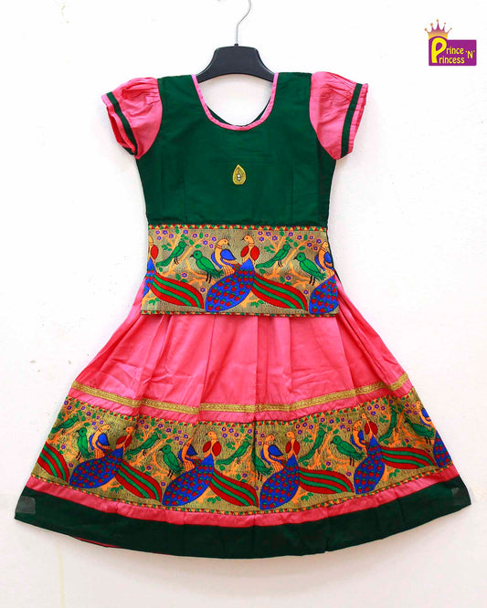 Kids Pink And Green Traditional Pattu Pavadai PPP690