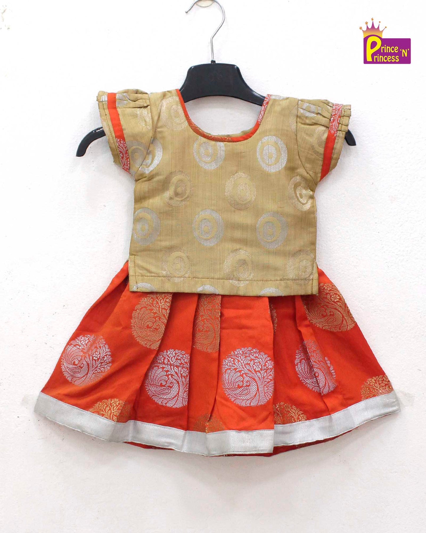 Kids Cream With Orange Grand Banarasi Silver Jari Pattu Pavadai PPP752