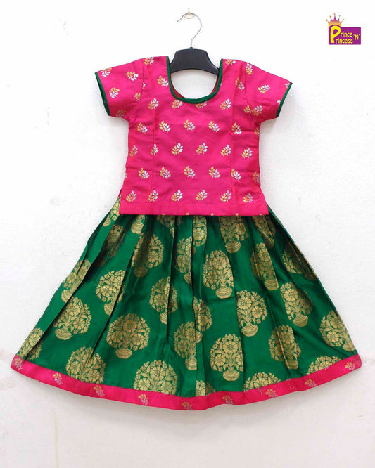 Kids  Green And Pink Traditional Pattu Pavadai PPP753