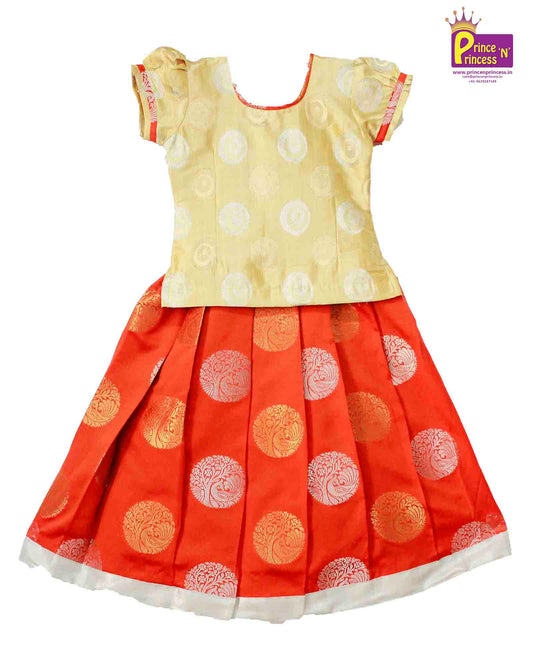 Kids orange and halfwhite Traditional Pattu Pavadai PPP773