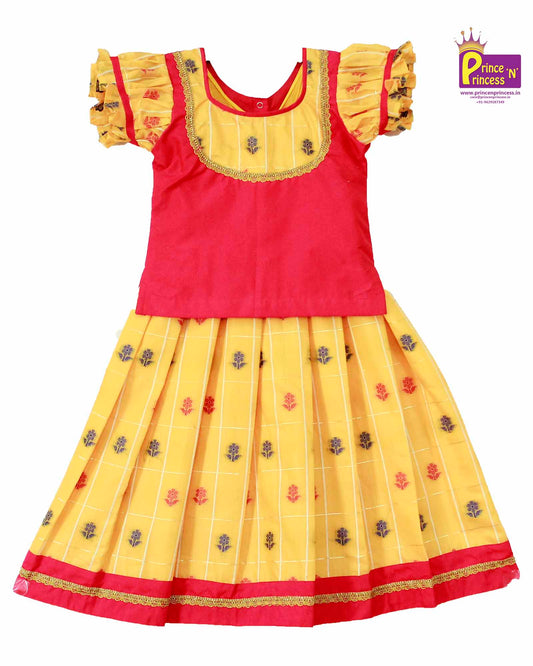 Kids Pink With Yellow Traditional Pattupavadai PPP789