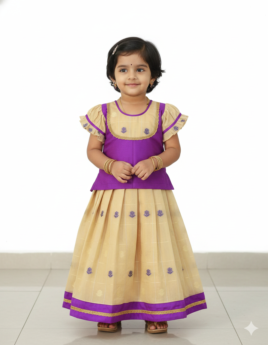 Kids Blue And Beige Traditional Pattu Pavadai PPP790