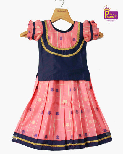 Kids Blue And Pink Traditional Pattu Pavadai PPP791